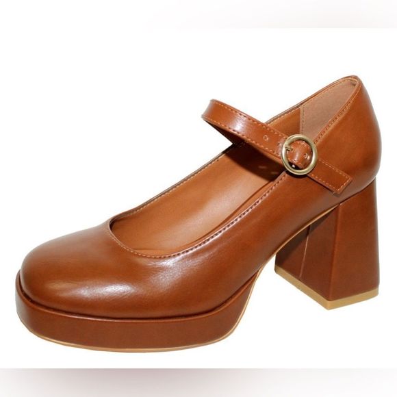 TAN NATURAL BABYDOLL MARYJANE BLOCK HEEL - Picture 2 of 5